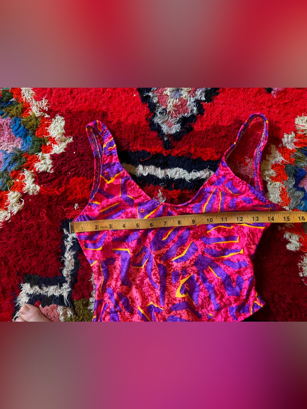 80s Vintage Bright Pink Abstract Print High Cut One Piece Sz M - Picture 7 of 8